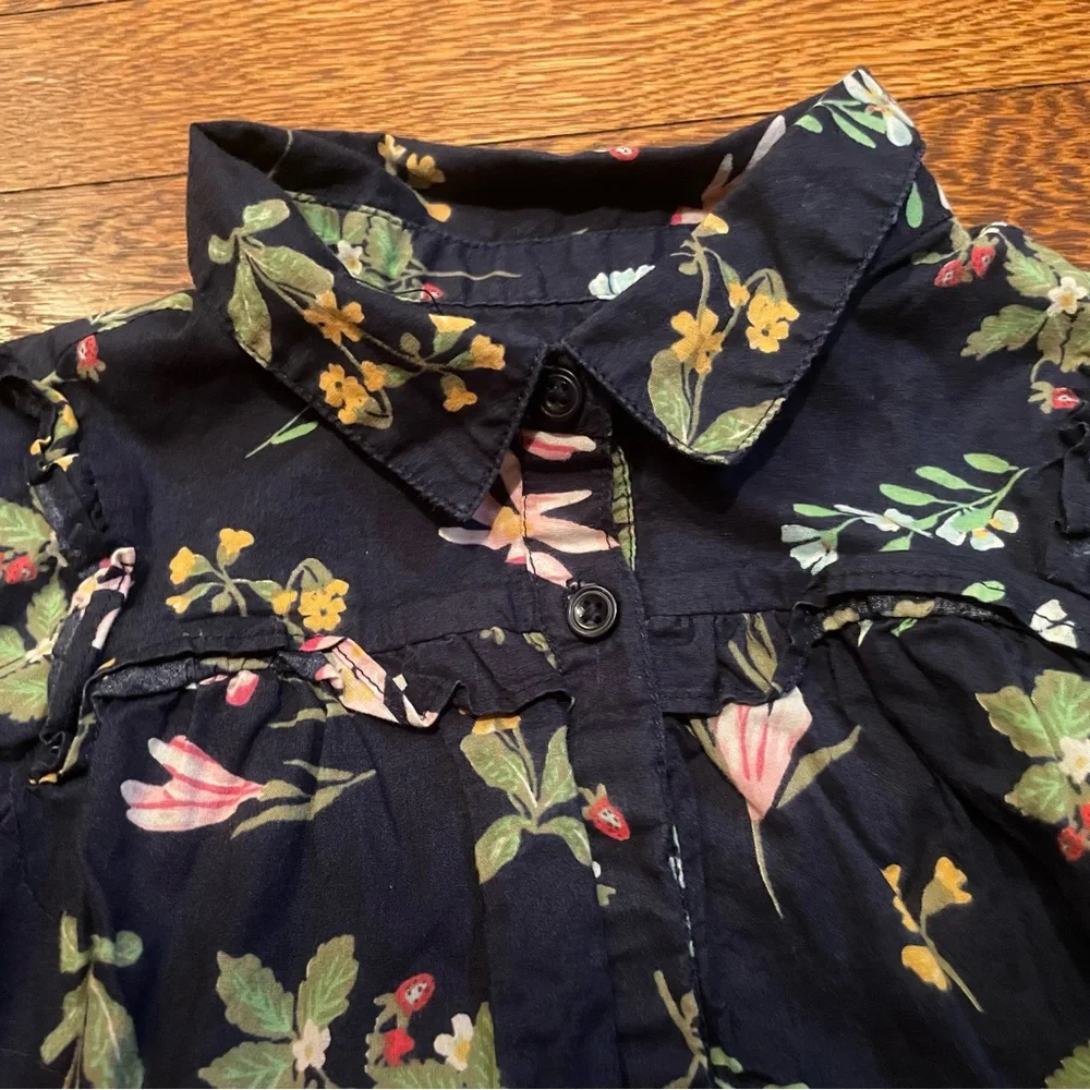 Baby GAP Navy Strawberry Print Long Sleeve Cotton Collared Shirt Dress Size 4